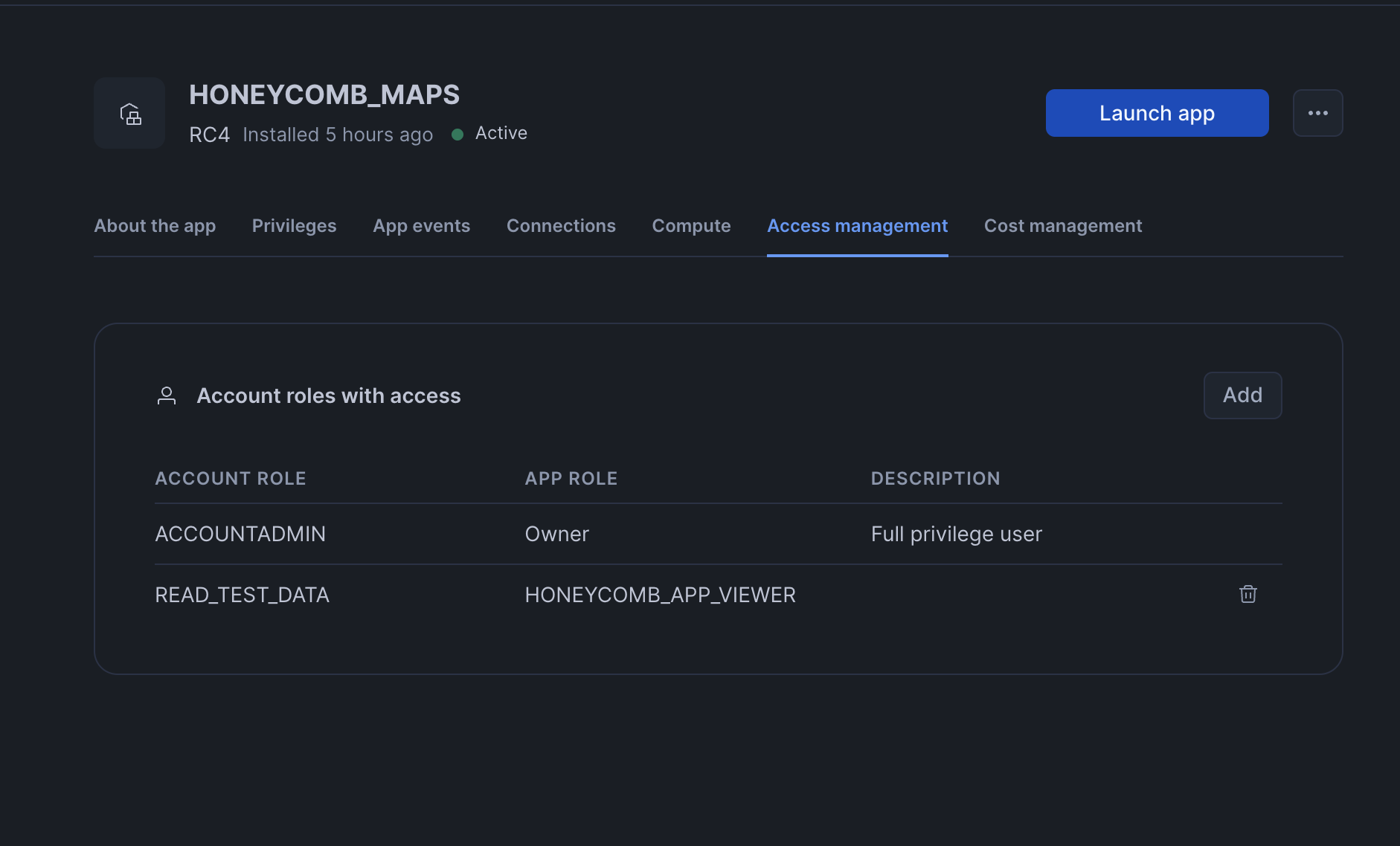 Screenshot the Snowflake Snowsight UI for granting RCR permissions