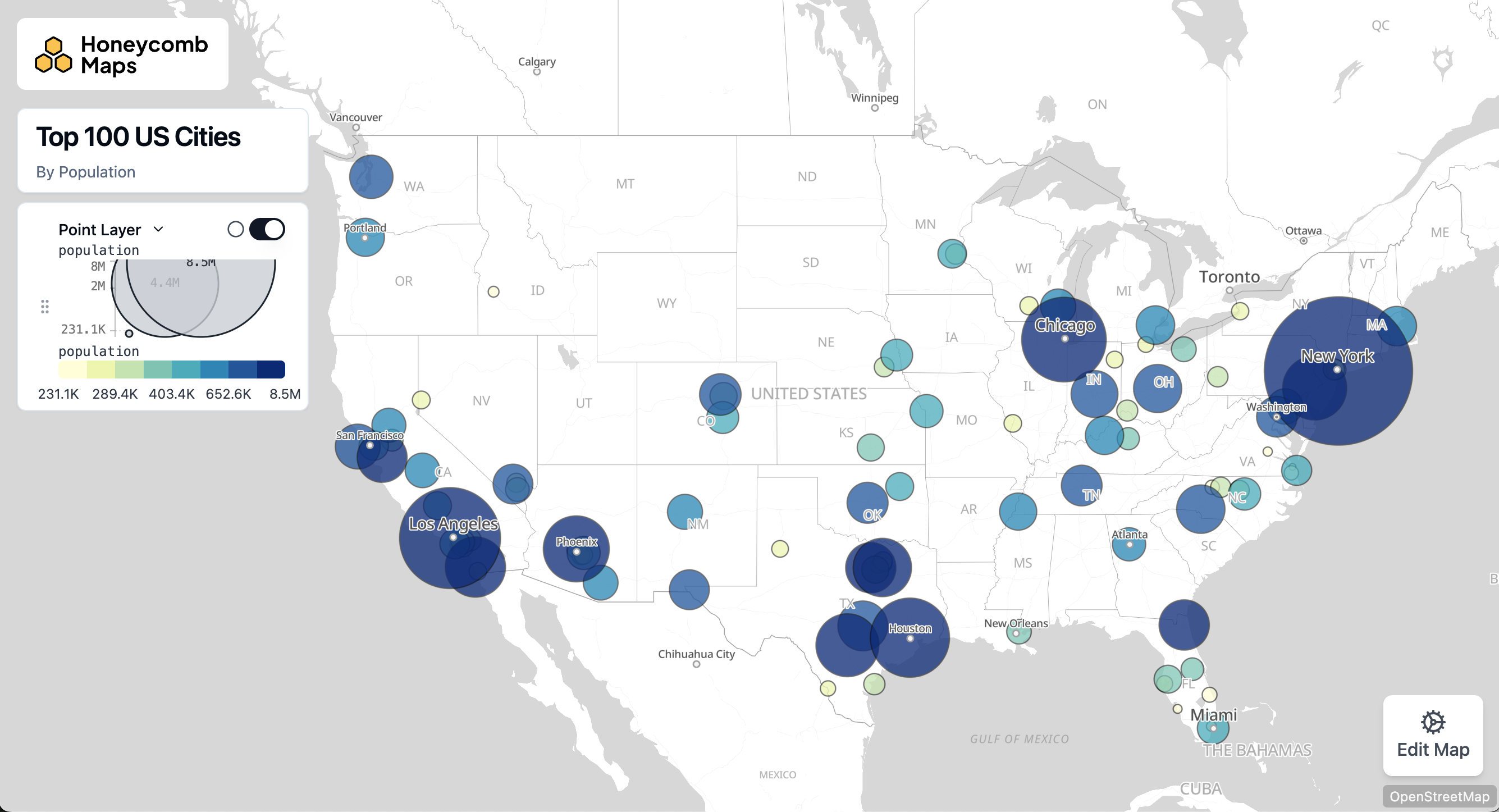 A bubble map of the top 100 US cities, with point radius driven by population