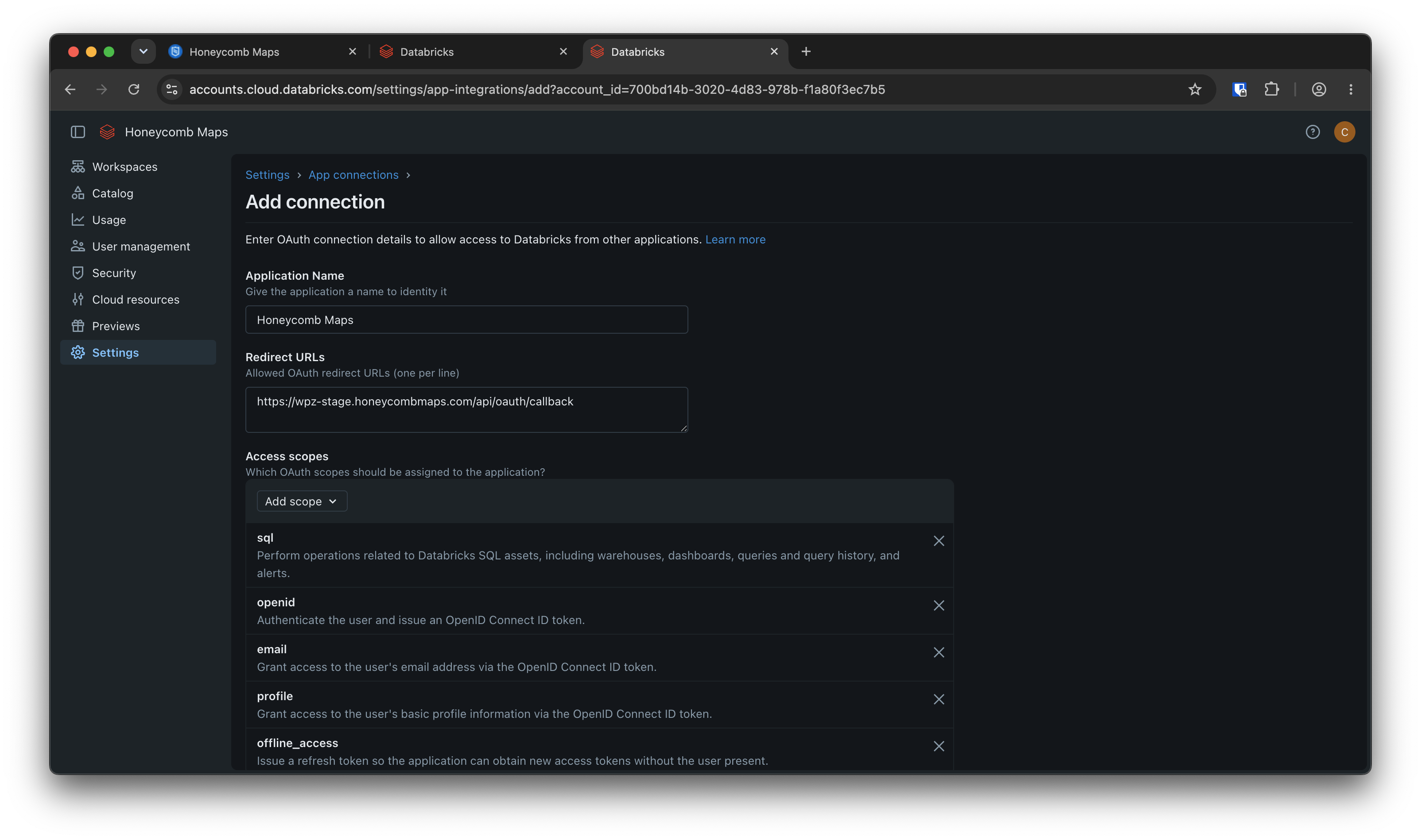 Databricks 'Add connection' form with Application Name set to 'Honeycomb Maps', a Redirect URL filled in, and the list of available OAuth access scopes