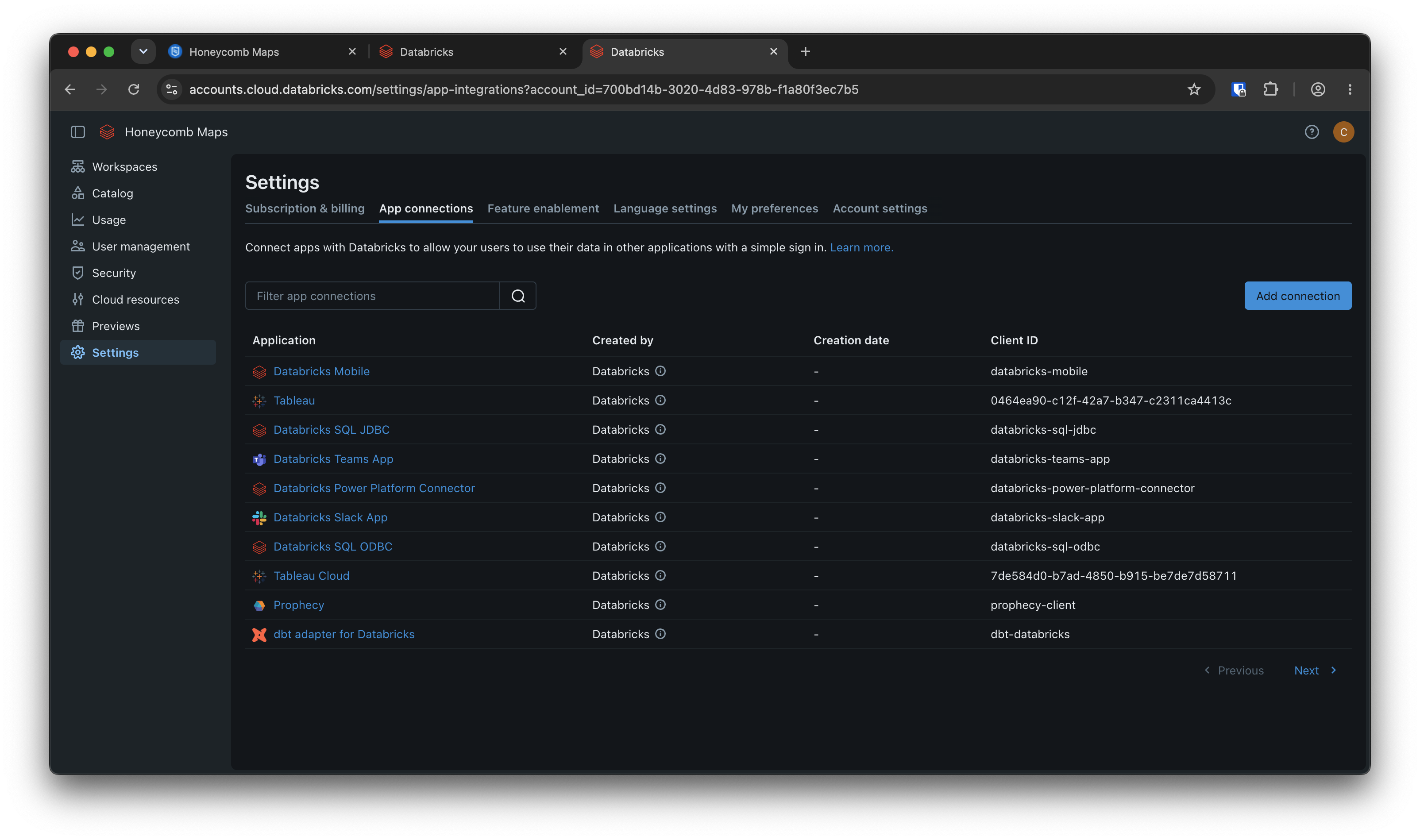 Databricks account console Settings page open to the App connections tab, showing a list of existing app connections and the 'Add connection' button