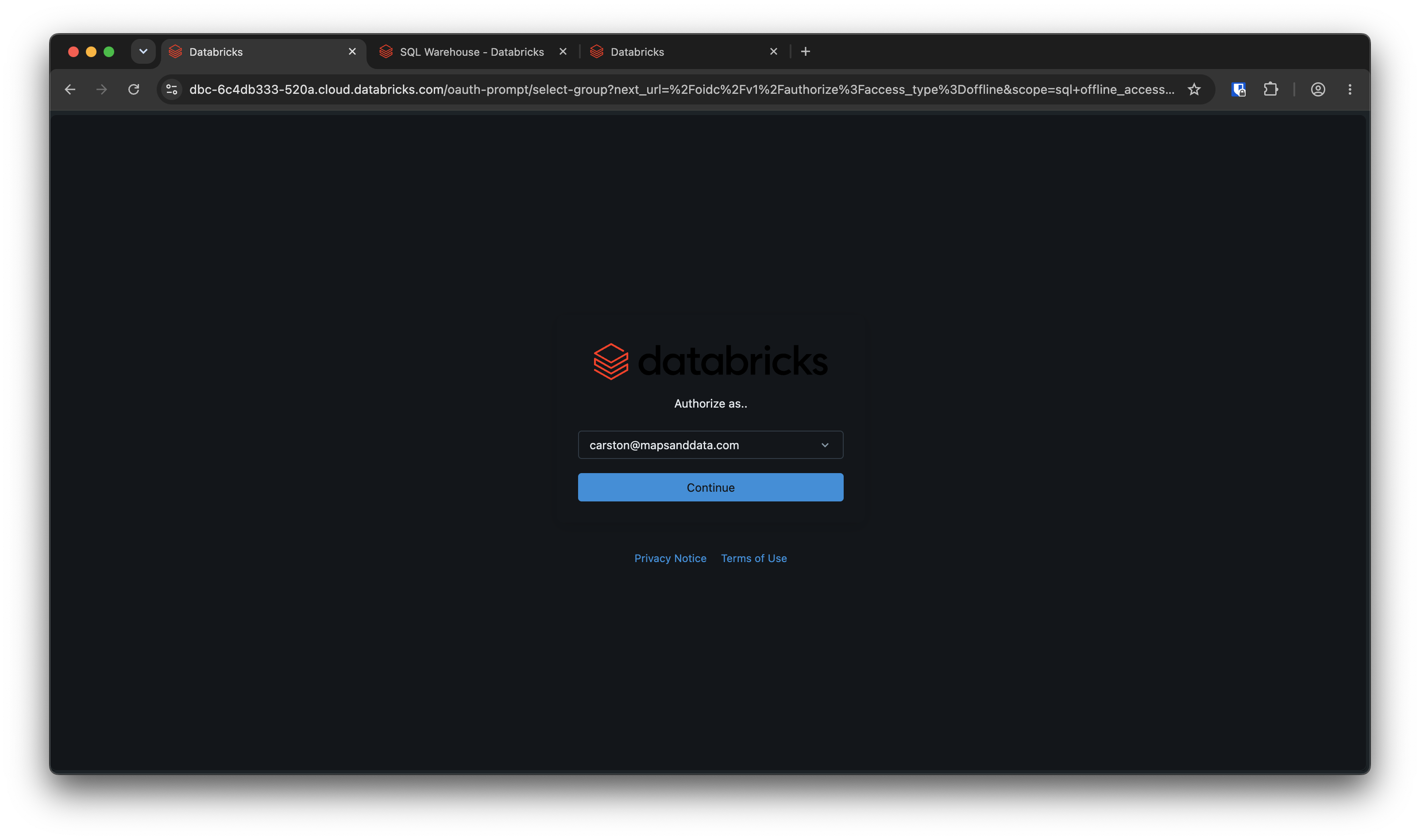 Databricks 'Authorize as' screen prompting you to choose the account to authorize with