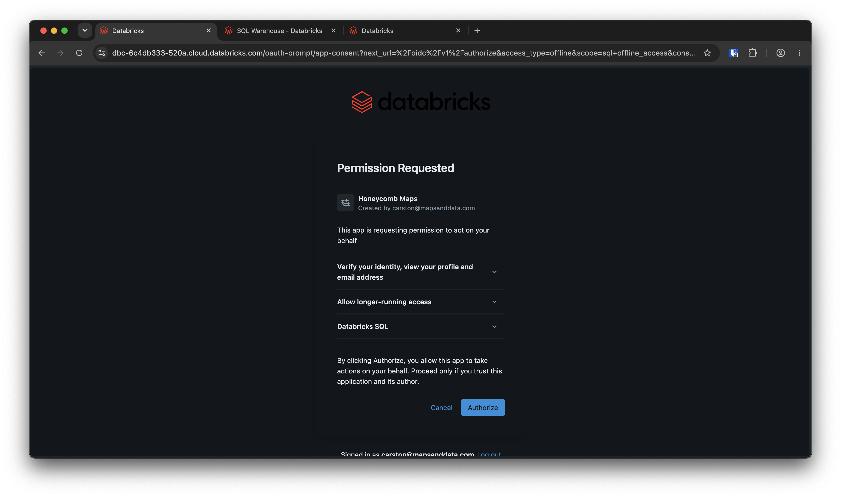 Databricks 'Permission Requested' screen listing the permissions Honeycomb Maps is requesting, with 'Cancel' and 'Authorize' buttons