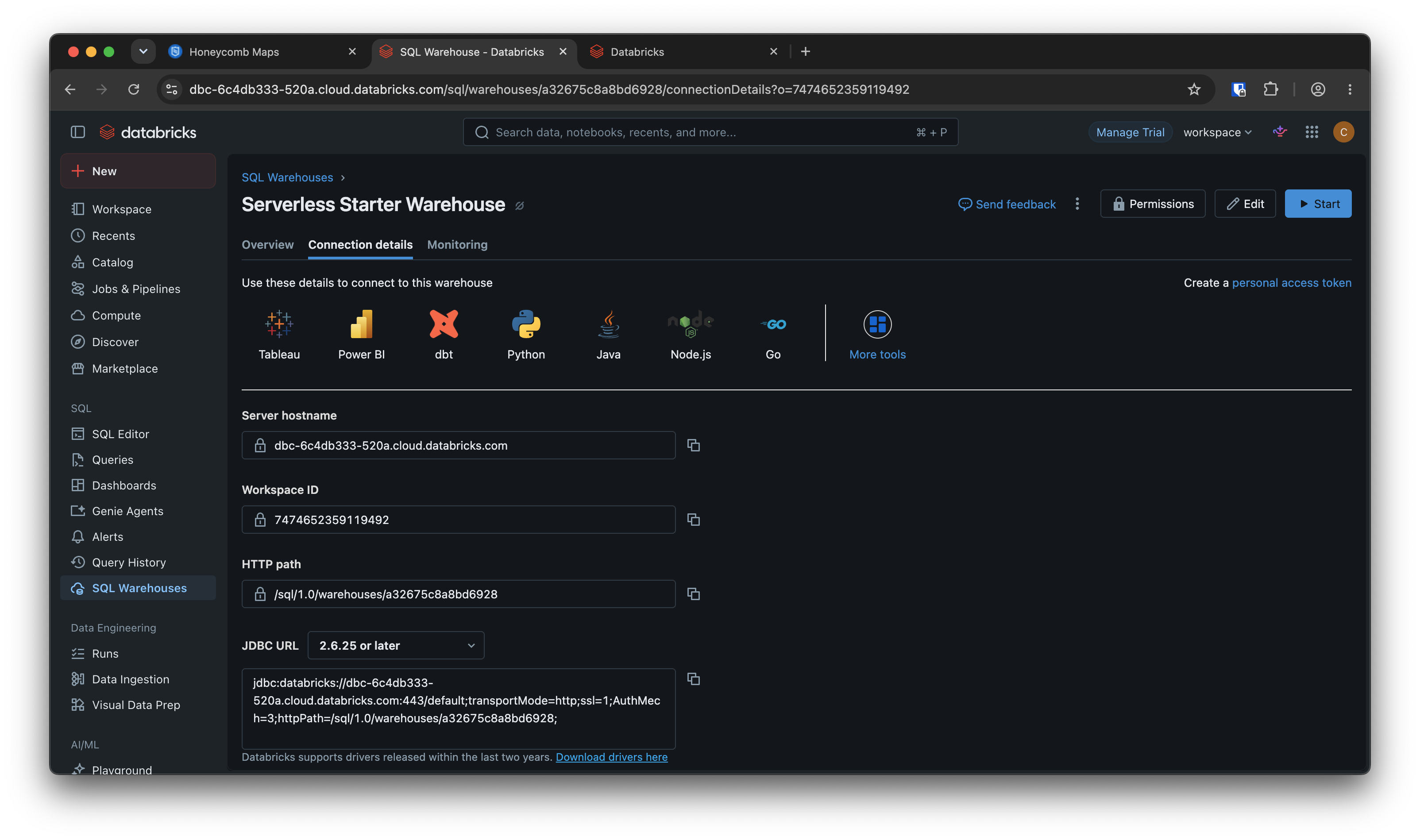 Databricks SQL Warehouse 'Connection details' tab showing the Server hostname, Workspace ID, and HTTP path values to copy into Honeycomb Maps