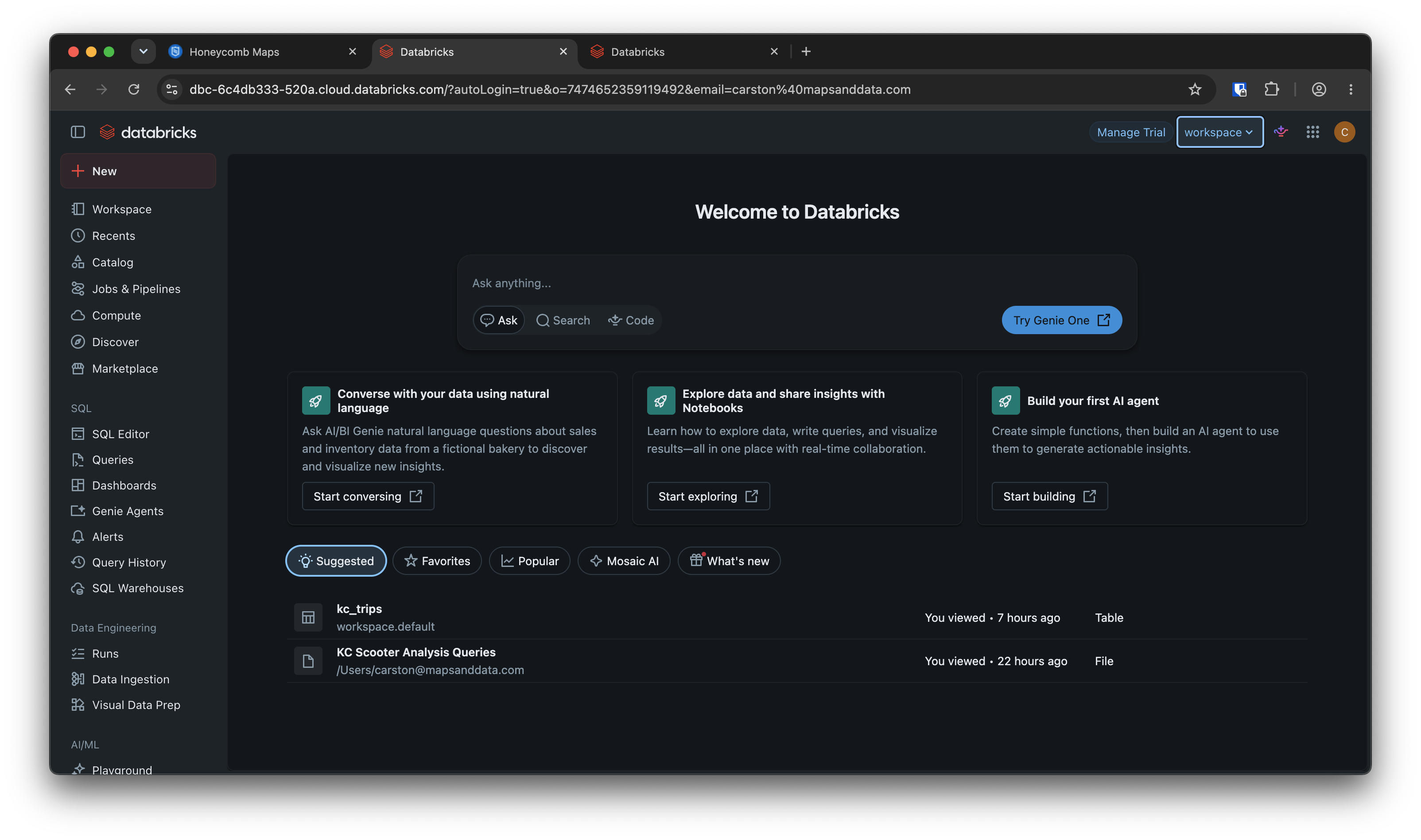 Databricks workspace home page, with the left-hand menu that includes the 'SQL Warehouses' option
