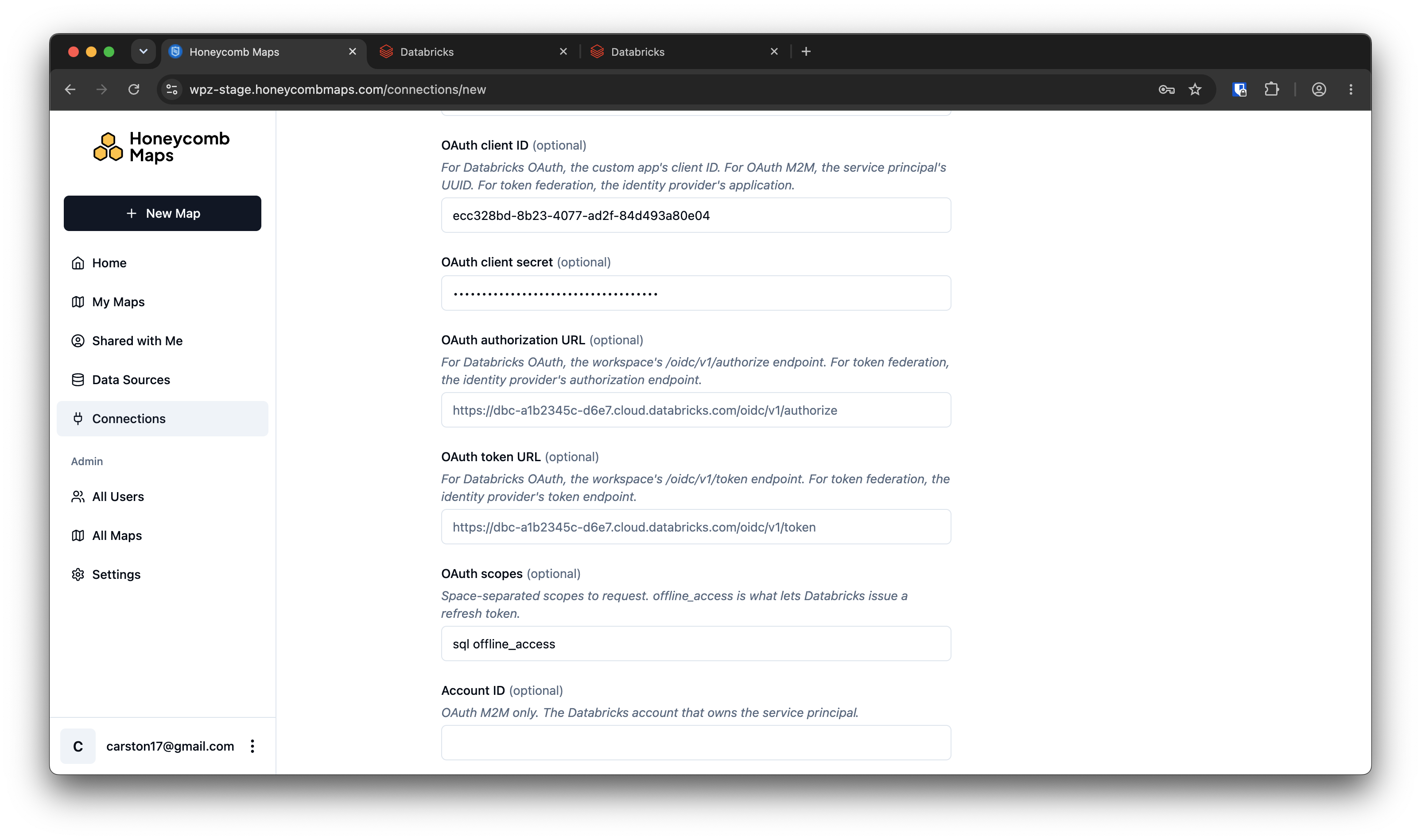 Honeycomb Maps 'Configure Connection' page showing the OAuth client ID, OAuth client secret, OAuth authorization URL, OAuth token URL, and OAuth scopes fields