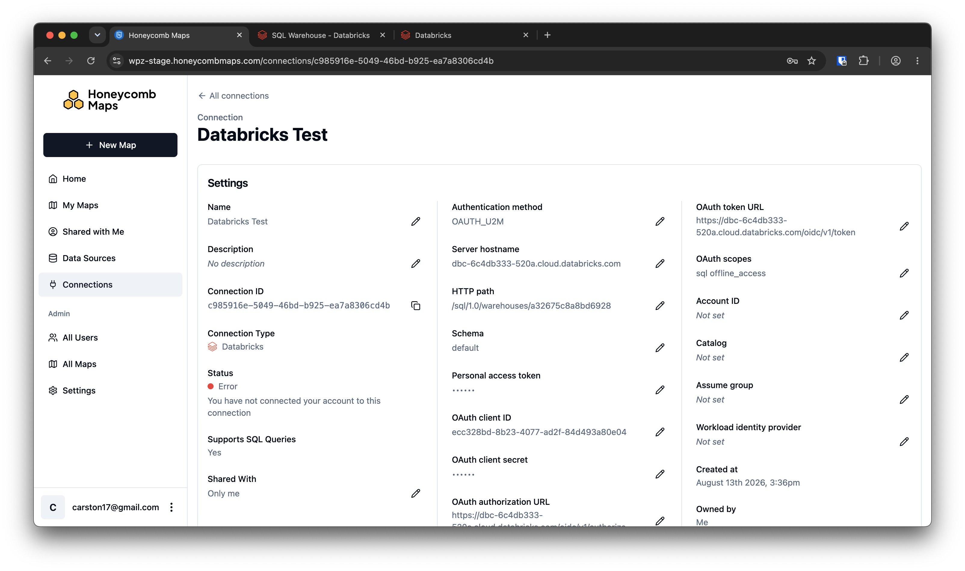 Honeycomb Maps connection details page for the Databricks connection, with the Status showing an 'Error - You have not connected your account to this application' message