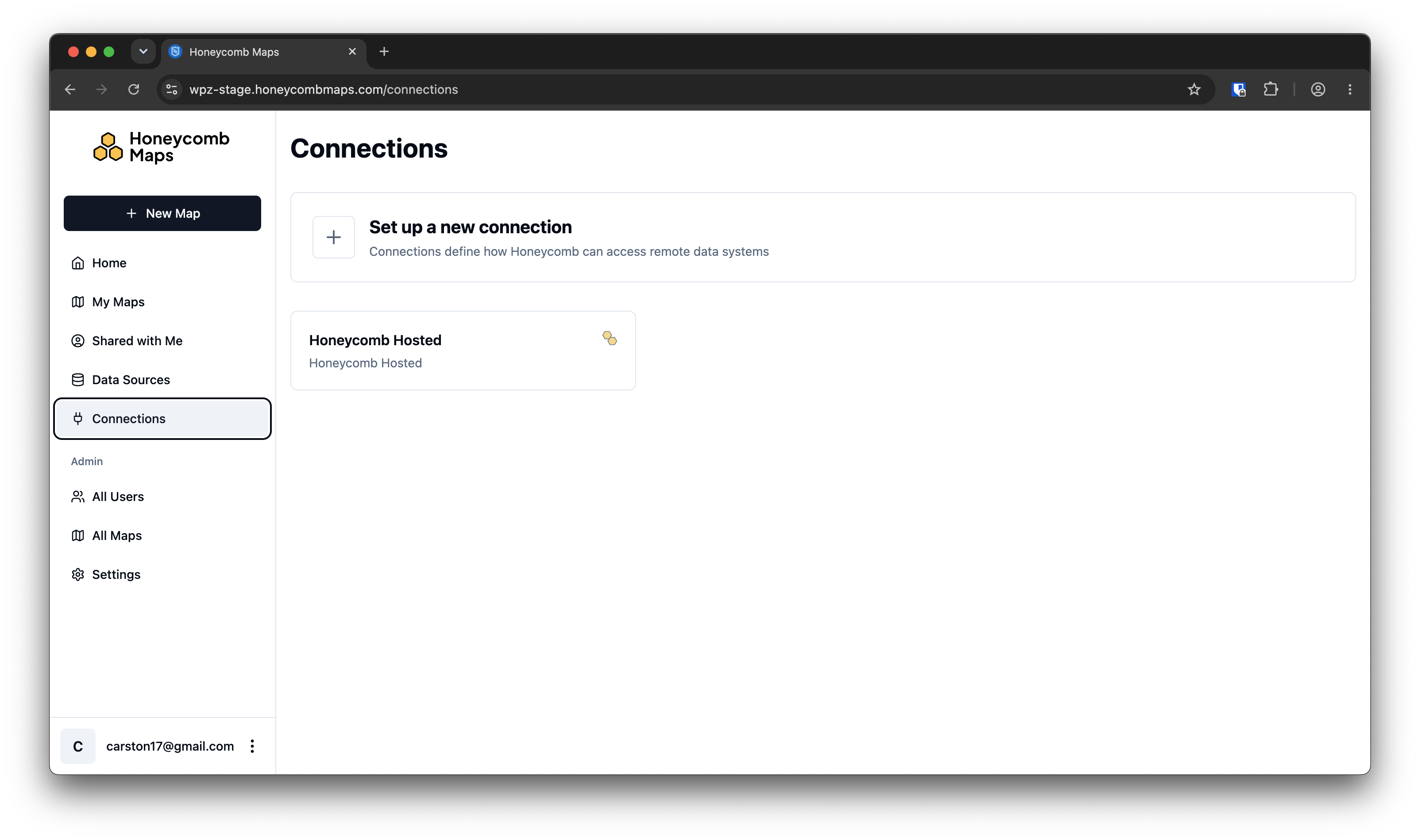 Honeycomb Maps Connections page with the 'Set up a new connection' button at the top