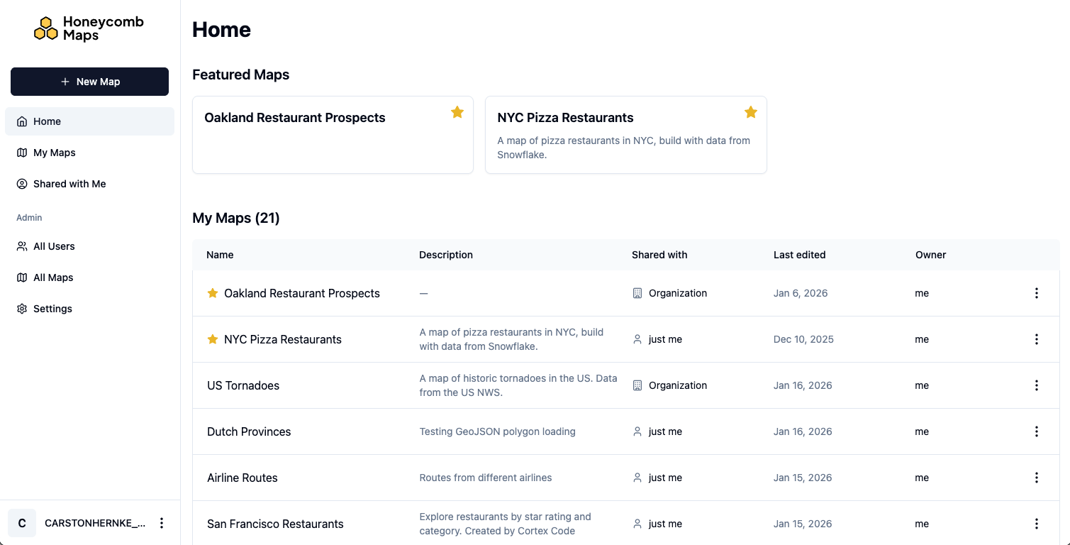 Screenshot showing the honeycomb maps homepage