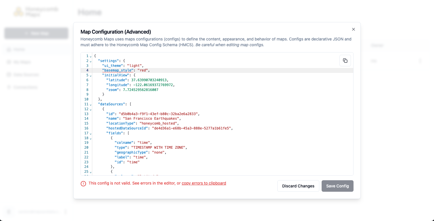 Map Configuration dialog in edit mode showing validation errors for an invalid basemap_style value