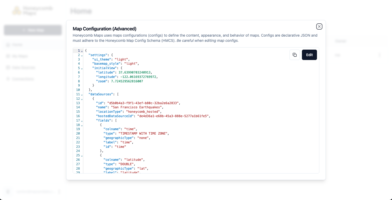 Map Configuration dialog showing the current HML config as JSON