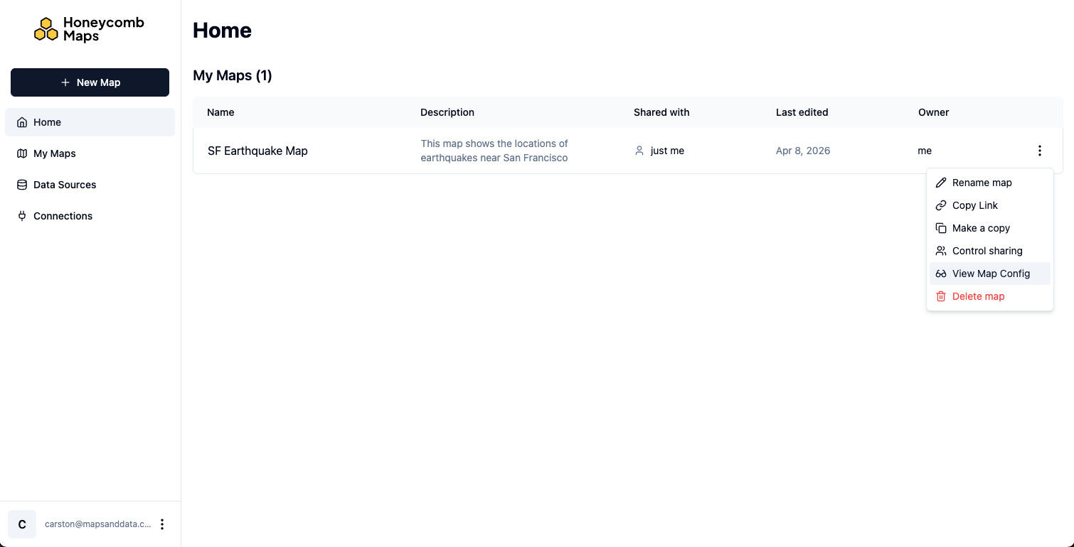 Three-dot menu on the Honeycomb Maps homepage showing the View Map Config option