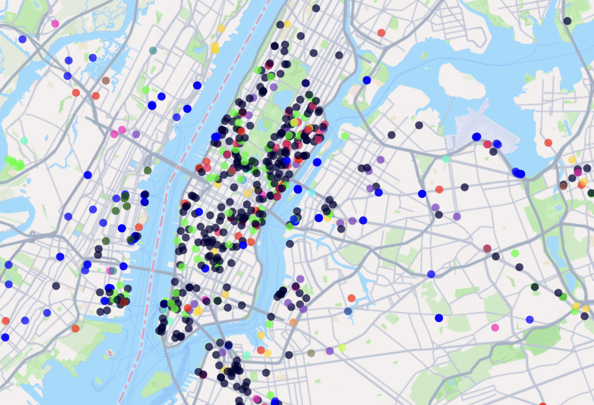 Points on a map with the new color scheme