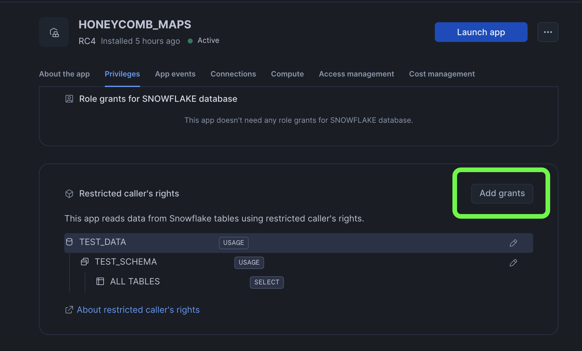 Screenshot the Snowflake Snowsight UI for granting RCR permissions