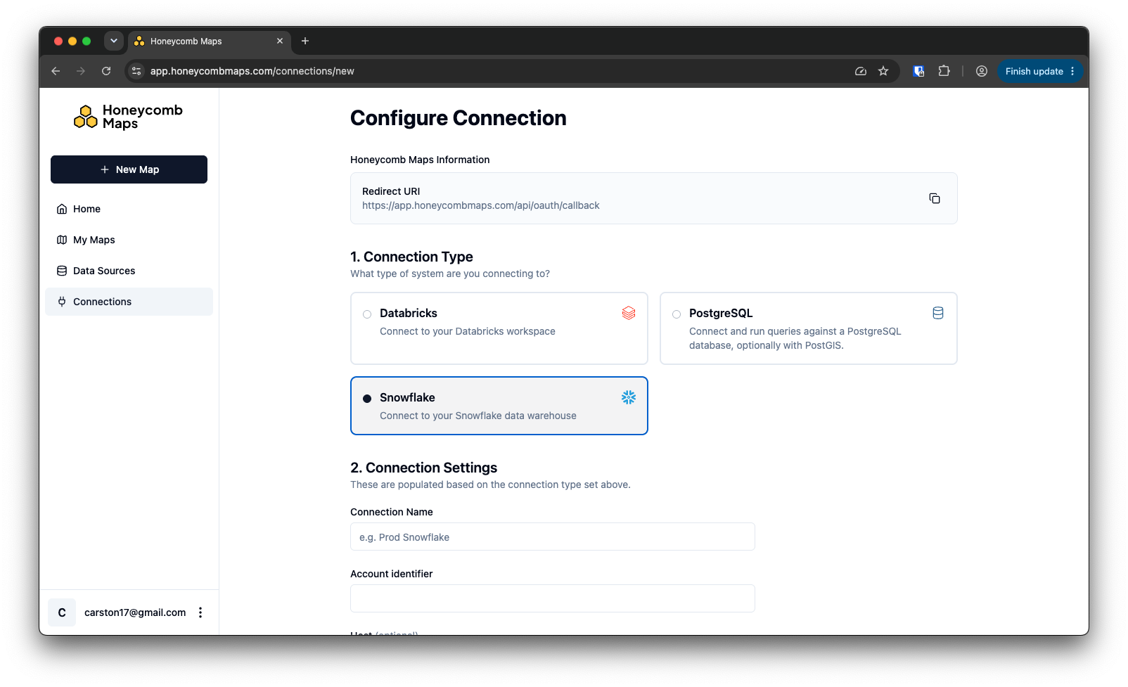 Honeycomb Maps 'Configure Connection' page with Snowflake selected as the connection type and the connection settings fields below
