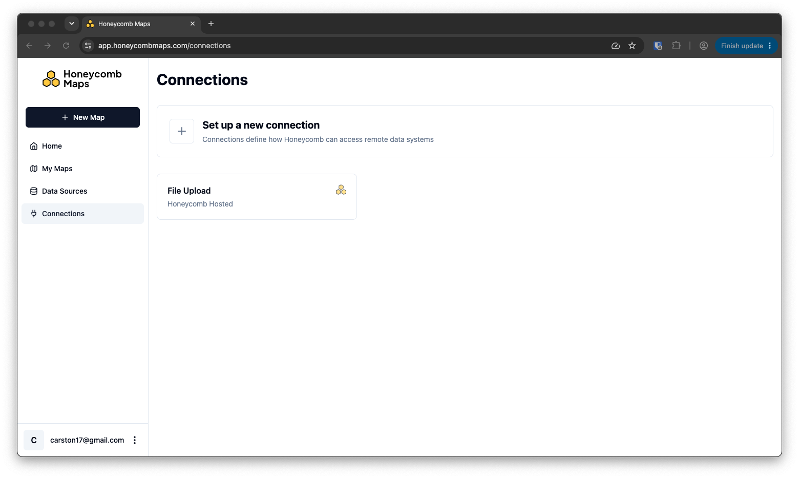 Honeycomb Maps Connections page with the 'Set up a new connection' button at the top