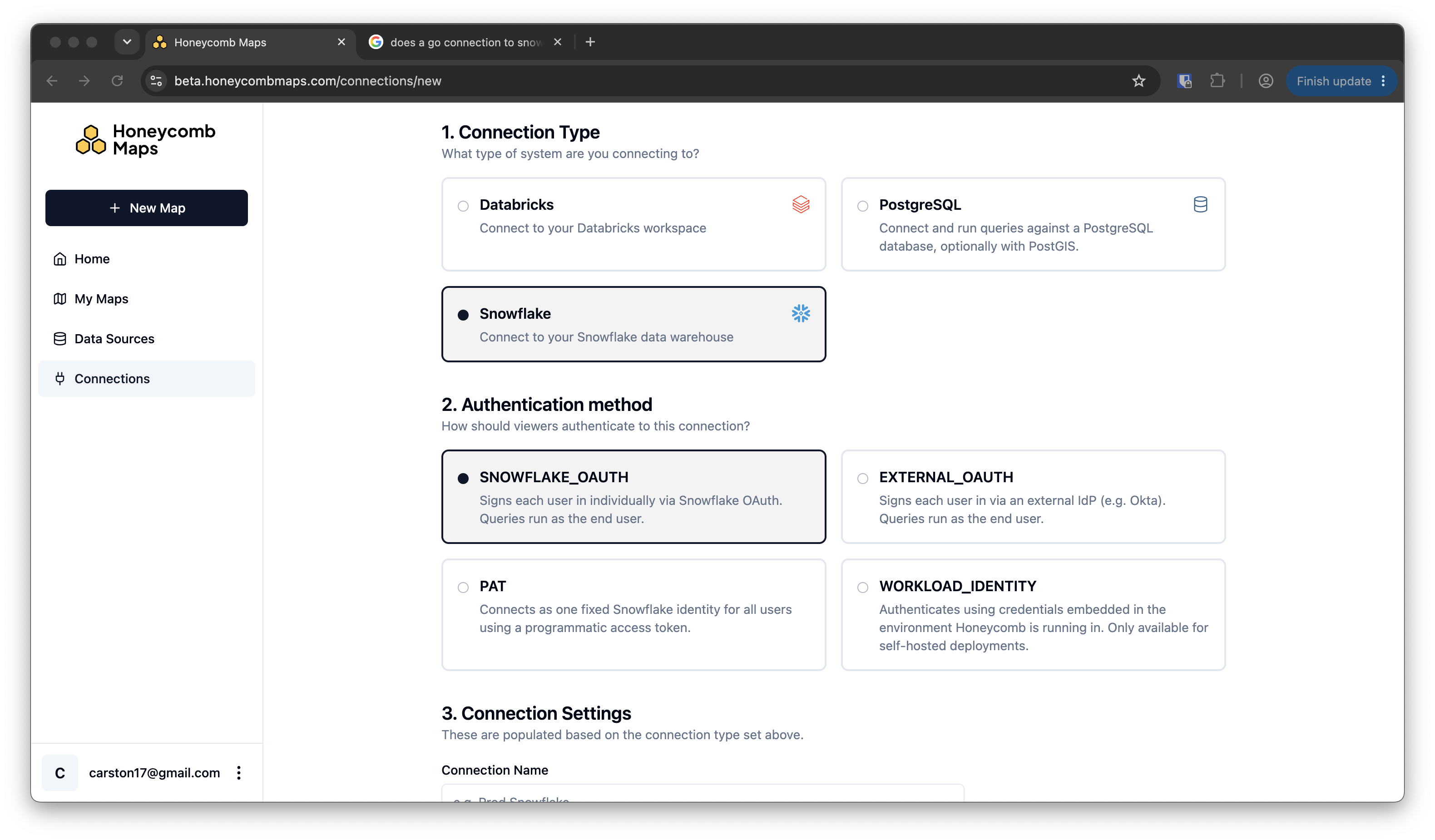 Honeycomb Maps 'Configure Connection' page with Snowflake selected as the connection type and the connection settings fields below
