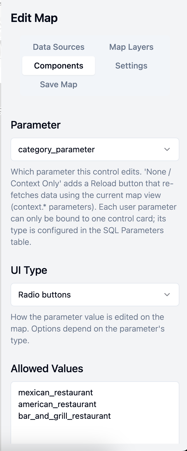 The Components editor for a Parameter Control, with a Parameter dropdown set to category_parameter, a UI Type dropdown set to Radio buttons, and an Allowed Values list containing mexican_restaurant, american_restaurant, and bar_and_grill_restaurant