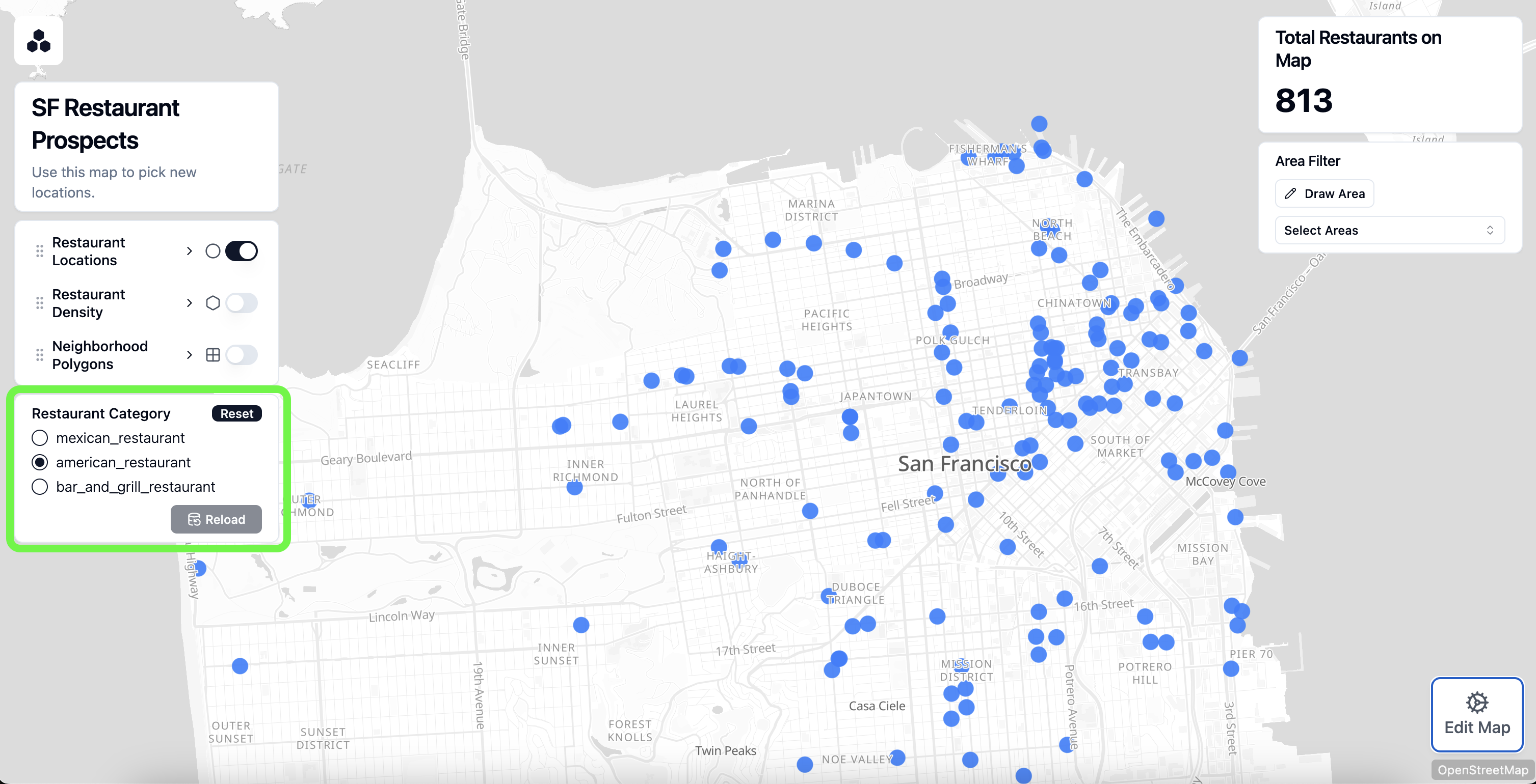 A map of San Francisco restaurant locations with a Parameter Control component highlighted in the lower left, showing a Restaurant Category radio list, a Reset button, and a Reload button