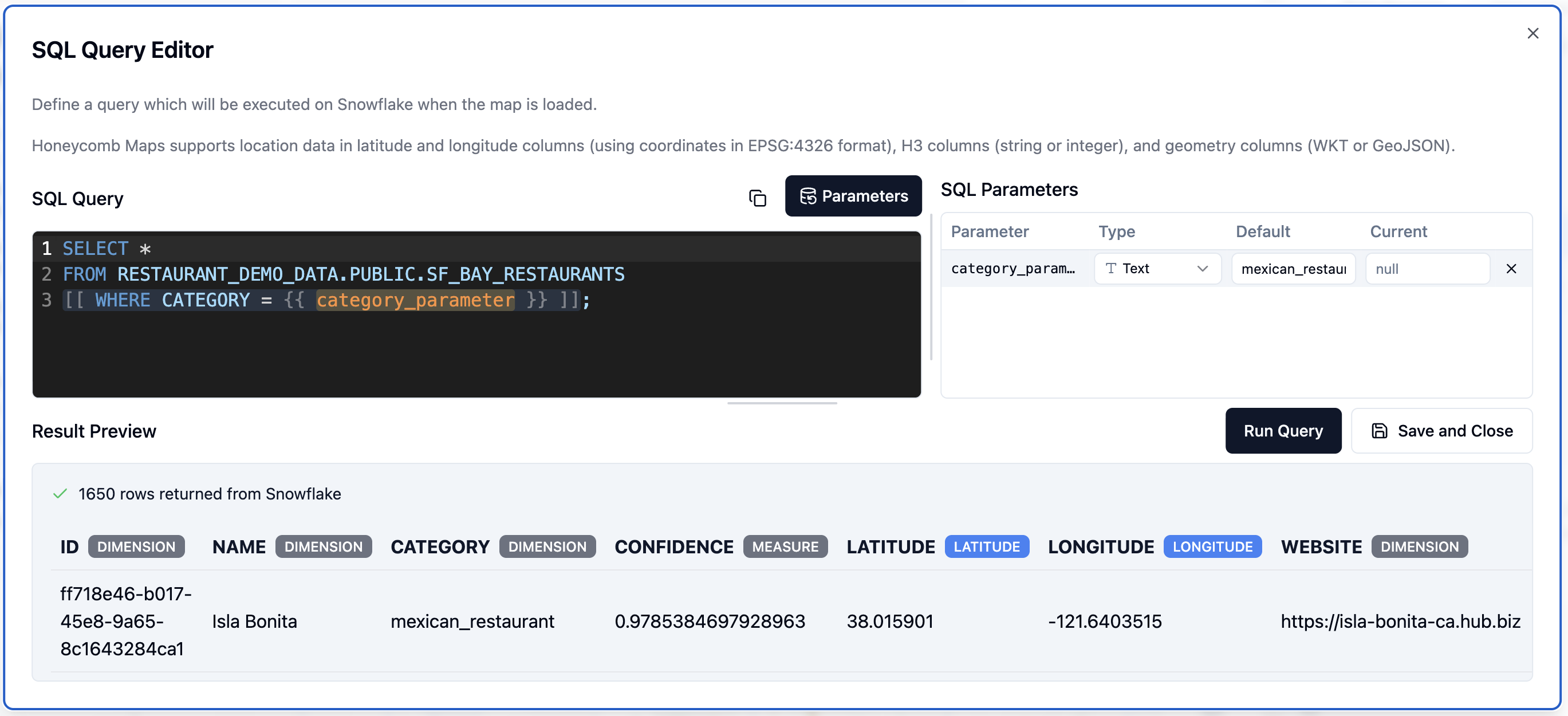 The SQL Query Editor showing a query with a category_parameter placeholder and the SQL Parameters panel listing its type, default value, and current value