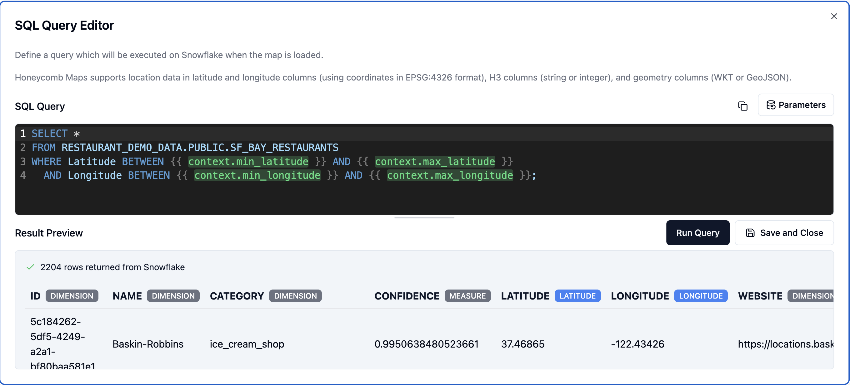 The SQL Query Editor with a bounding-box query whose context.min_latitude, context.max_latitude, context.min_longitude, and context.max_longitude placeholders are highlighted in green
