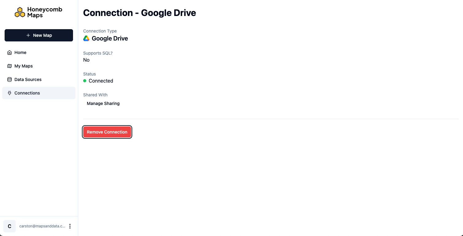 Connection detail page for Google Drive with the Remove Connection button highlighted
