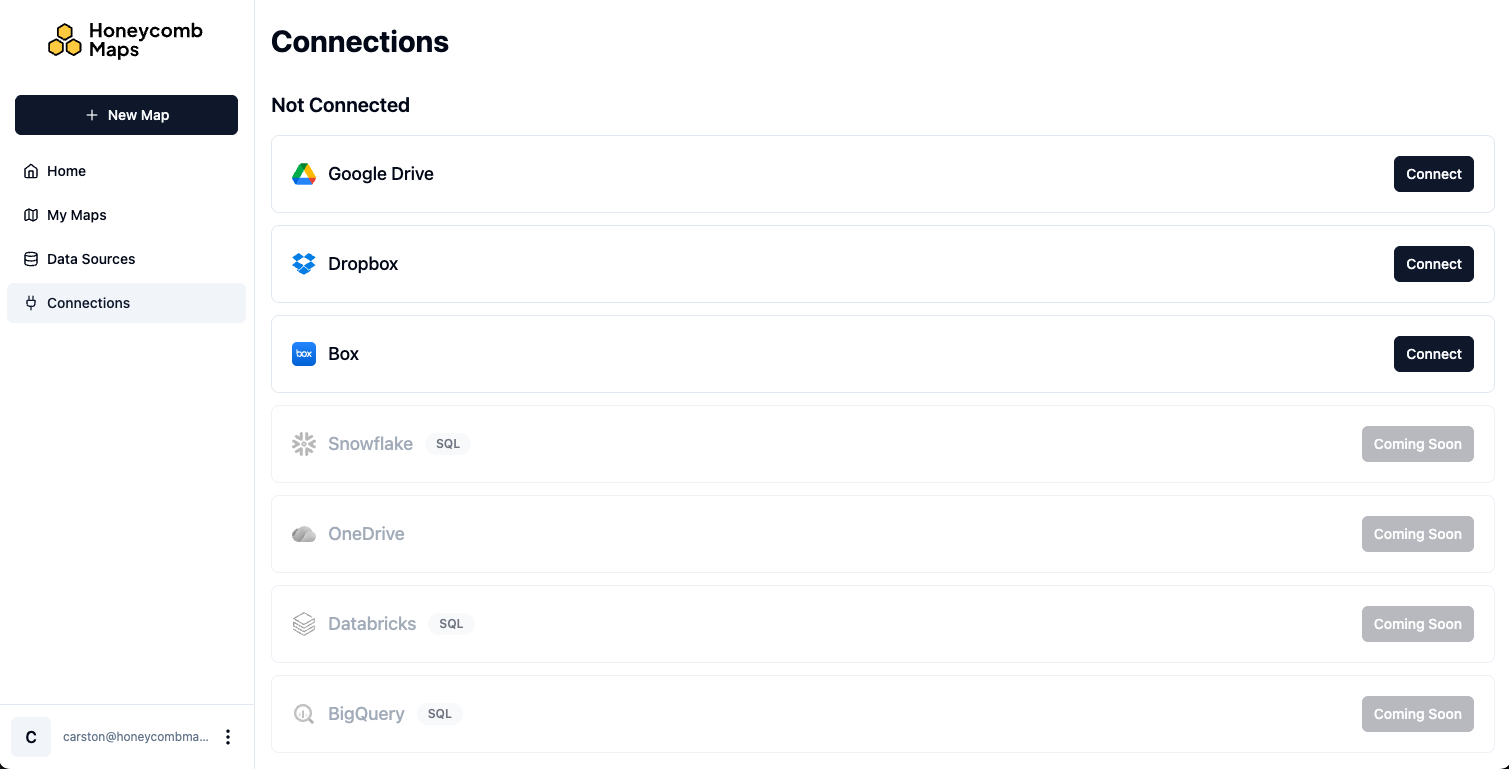 Connections page showing available cloud services with Connect buttons