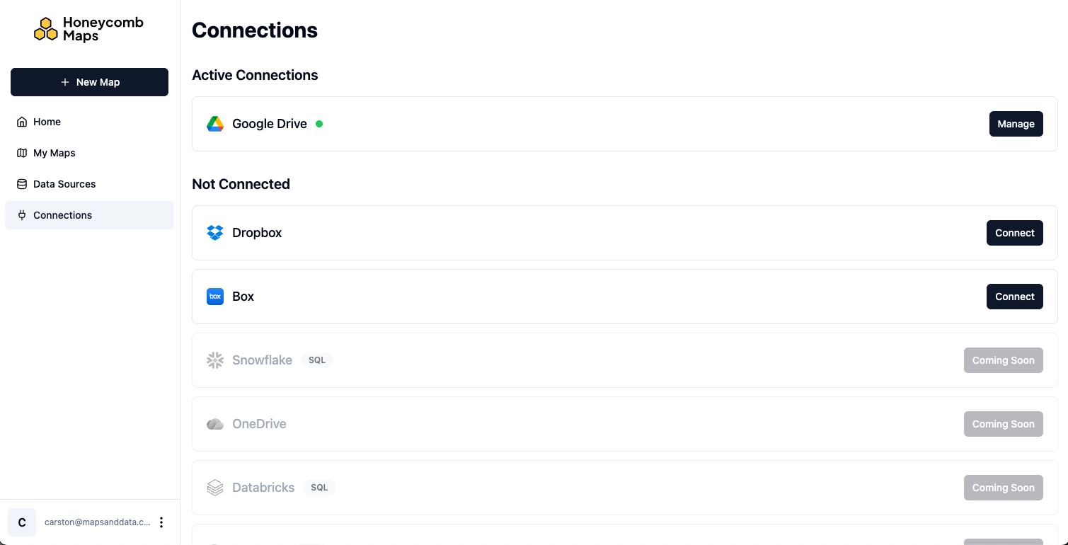 Connections page showing Google Drive as an active connection