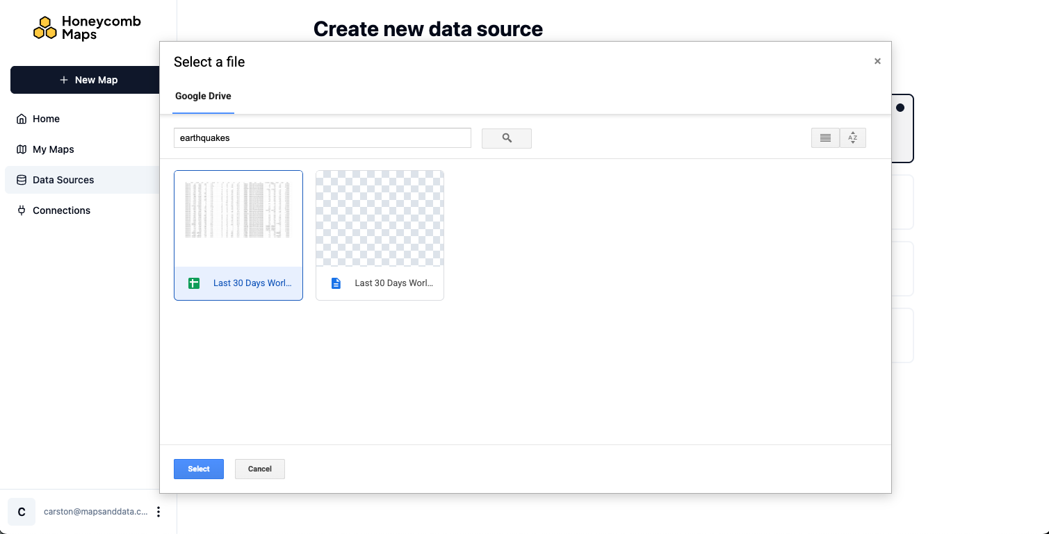 Google Drive file picker showing search results for a file