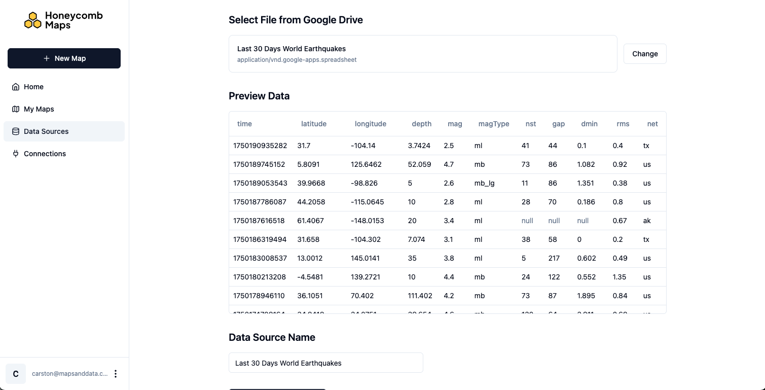 Preview of data from a Google Drive file with a table of earthquake data and a data source name field