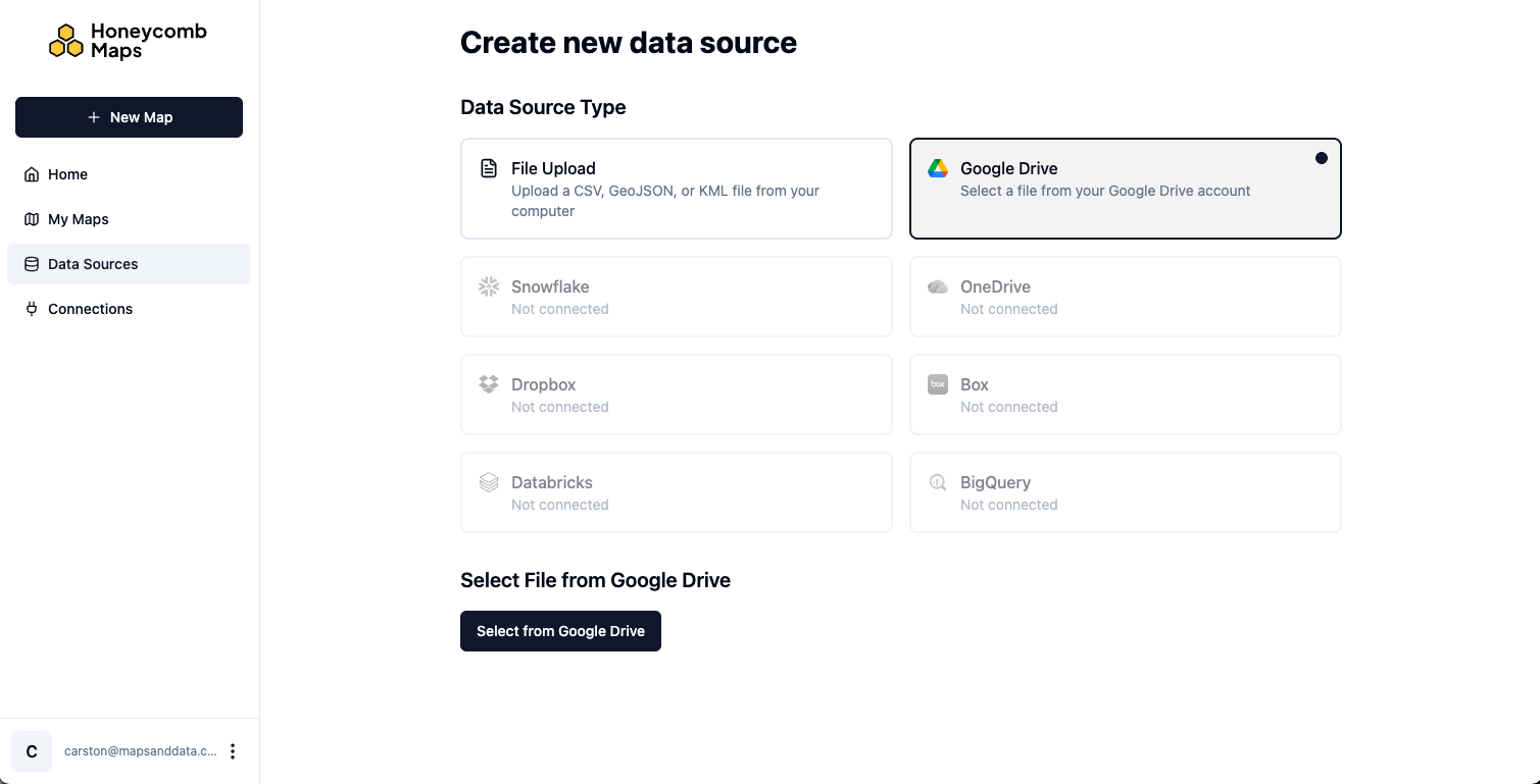 Create new data source dialog with Google Drive selected as the data source type