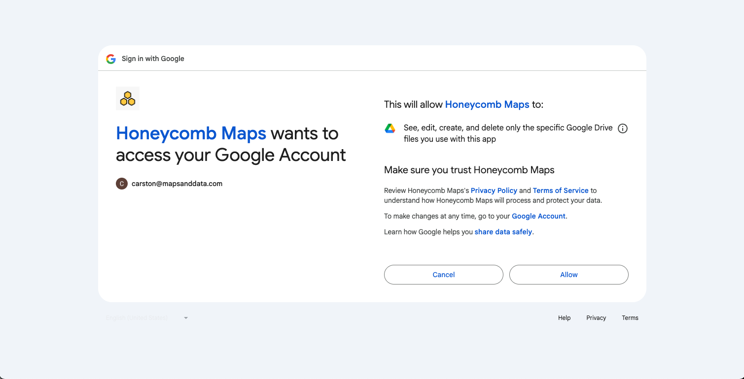 Google OAuth consent page requesting permission for Honeycomb Maps to access your Google Account