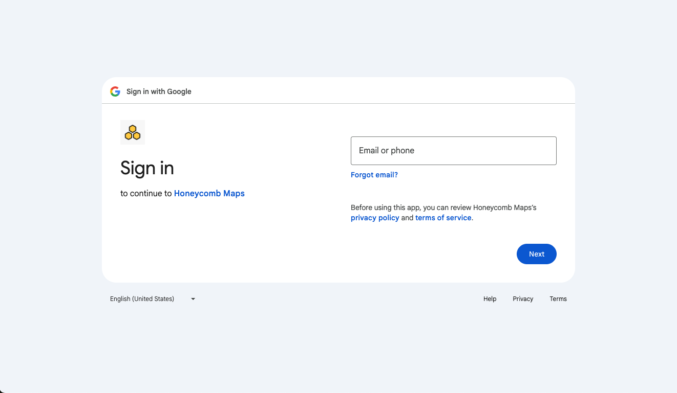 Google sign-in page for authenticating with Honeycomb Maps