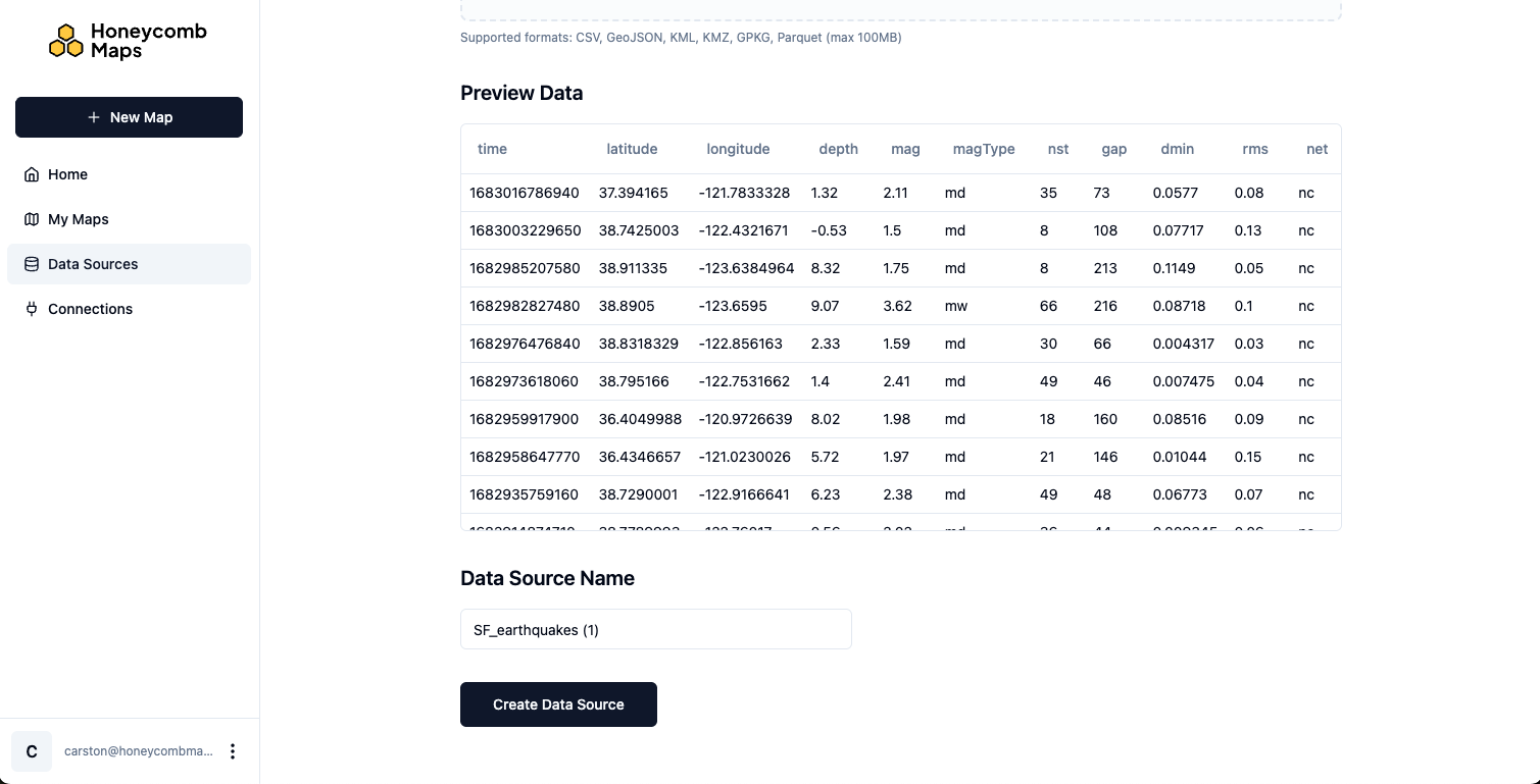 Preview of uploaded data file