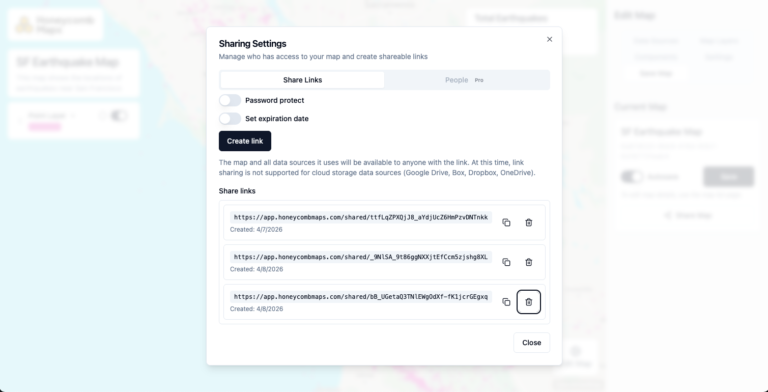 Sharing Settings dialog showing multiple share links with delete buttons