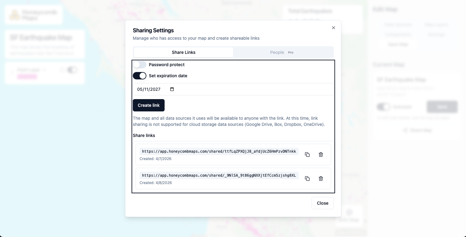 Sharing Settings dialog with an expiration date set and multiple share links listed