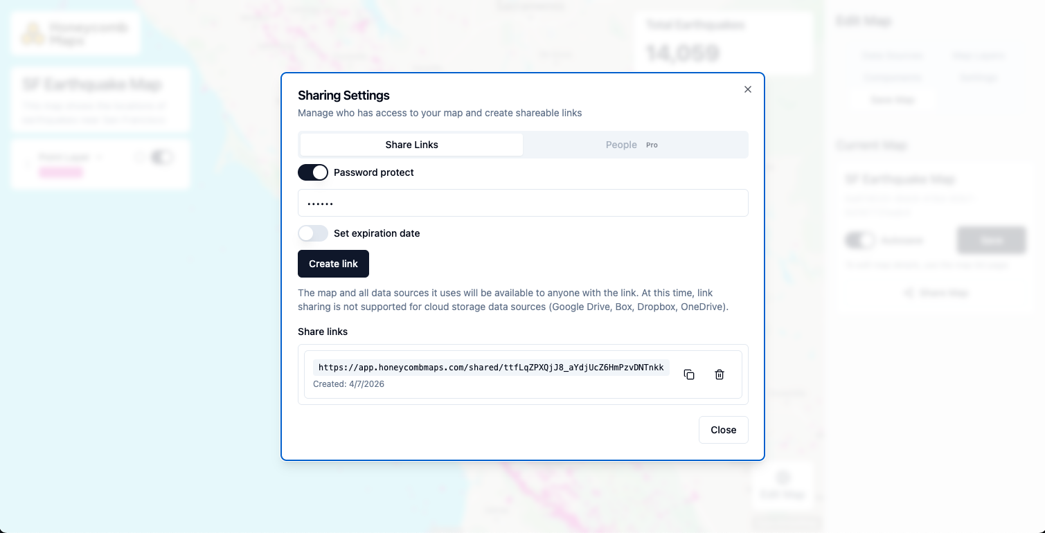 Sharing Settings dialog with the Password Protect toggle enabled
