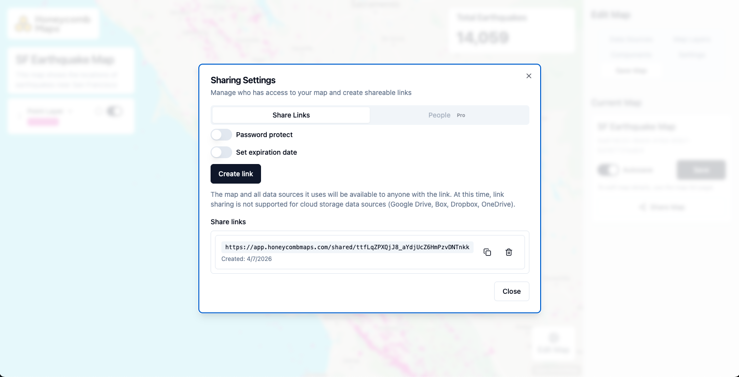 Sharing Settings dialog with Create link button and an existing share link