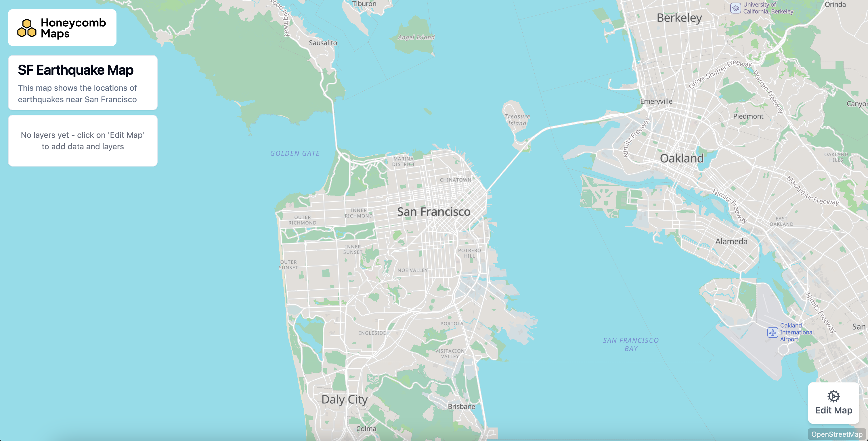Blank map canvas showing the SF Earthquake Map title card and Edit Map button