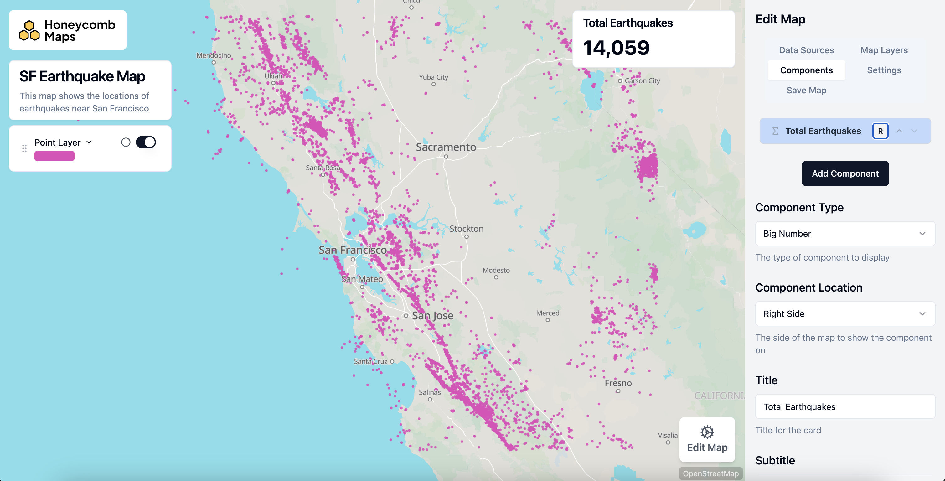 Components tab showing a Big Number component displaying Total Earthquakes count of 14,059