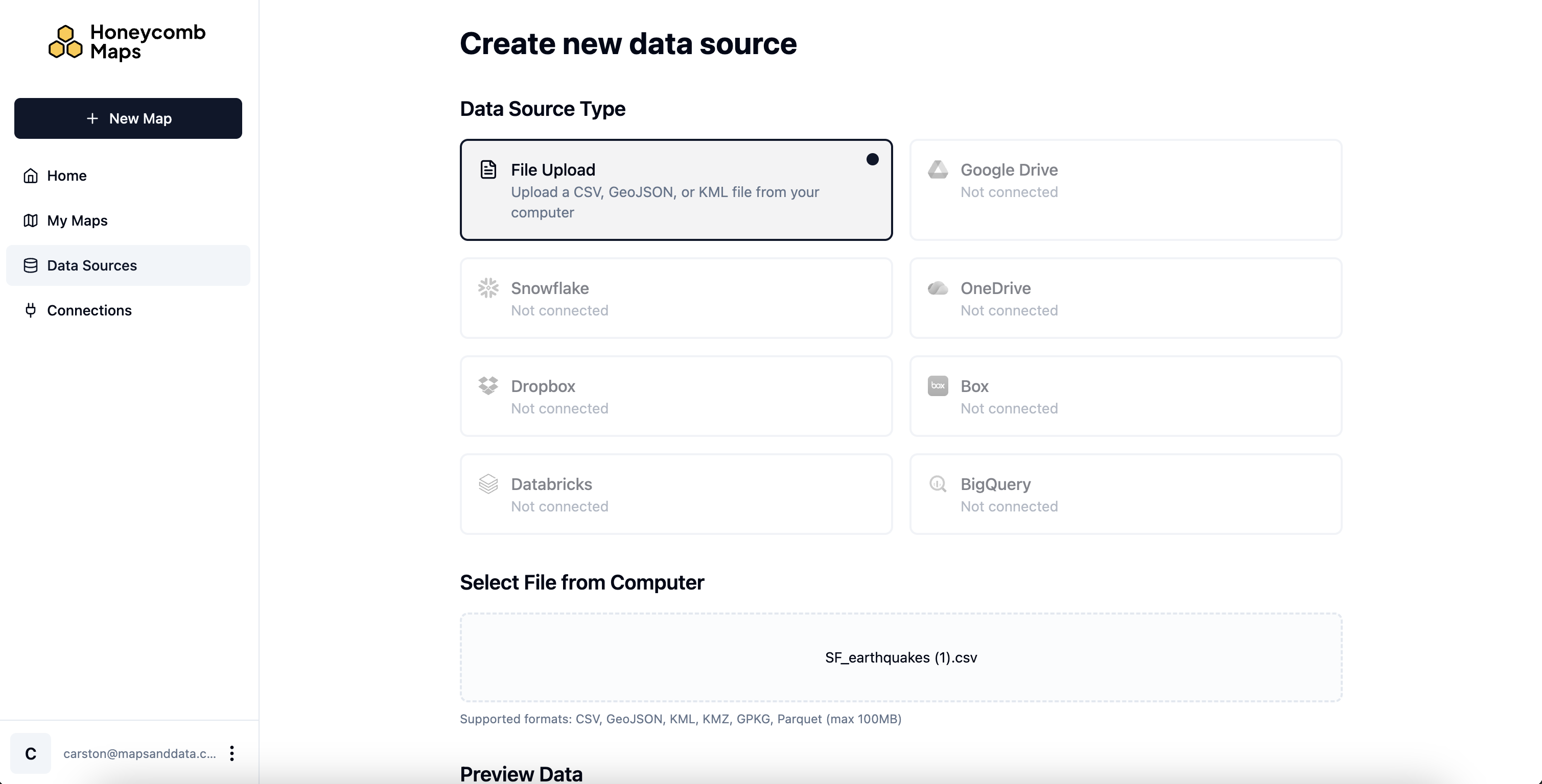 Create new data source page with File Upload selected and a CSV file chosen