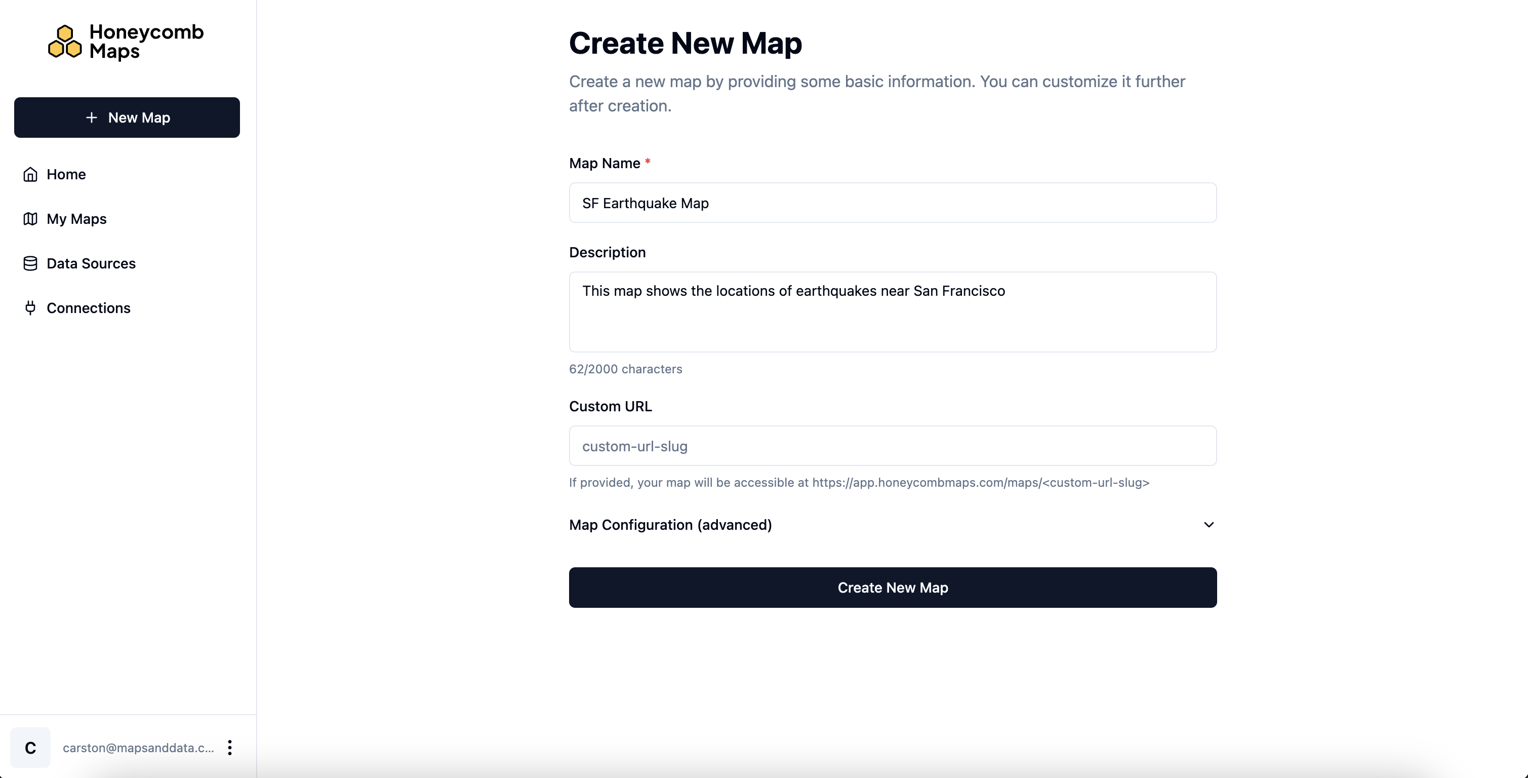 Create New Map form with fields for map name, description, and custom URL
