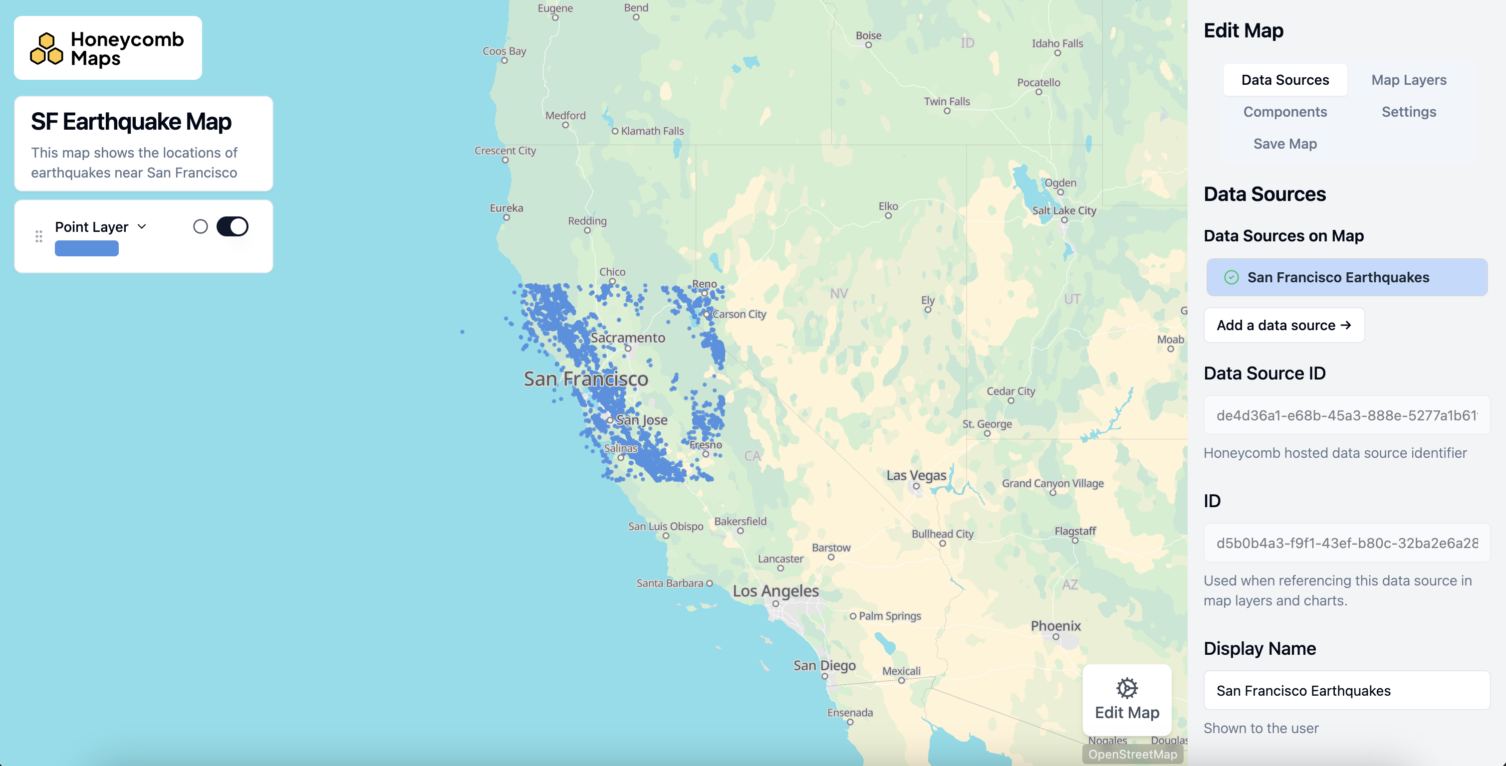 Edit Map panel showing the Data Sources tab with earthquake data loaded on the map