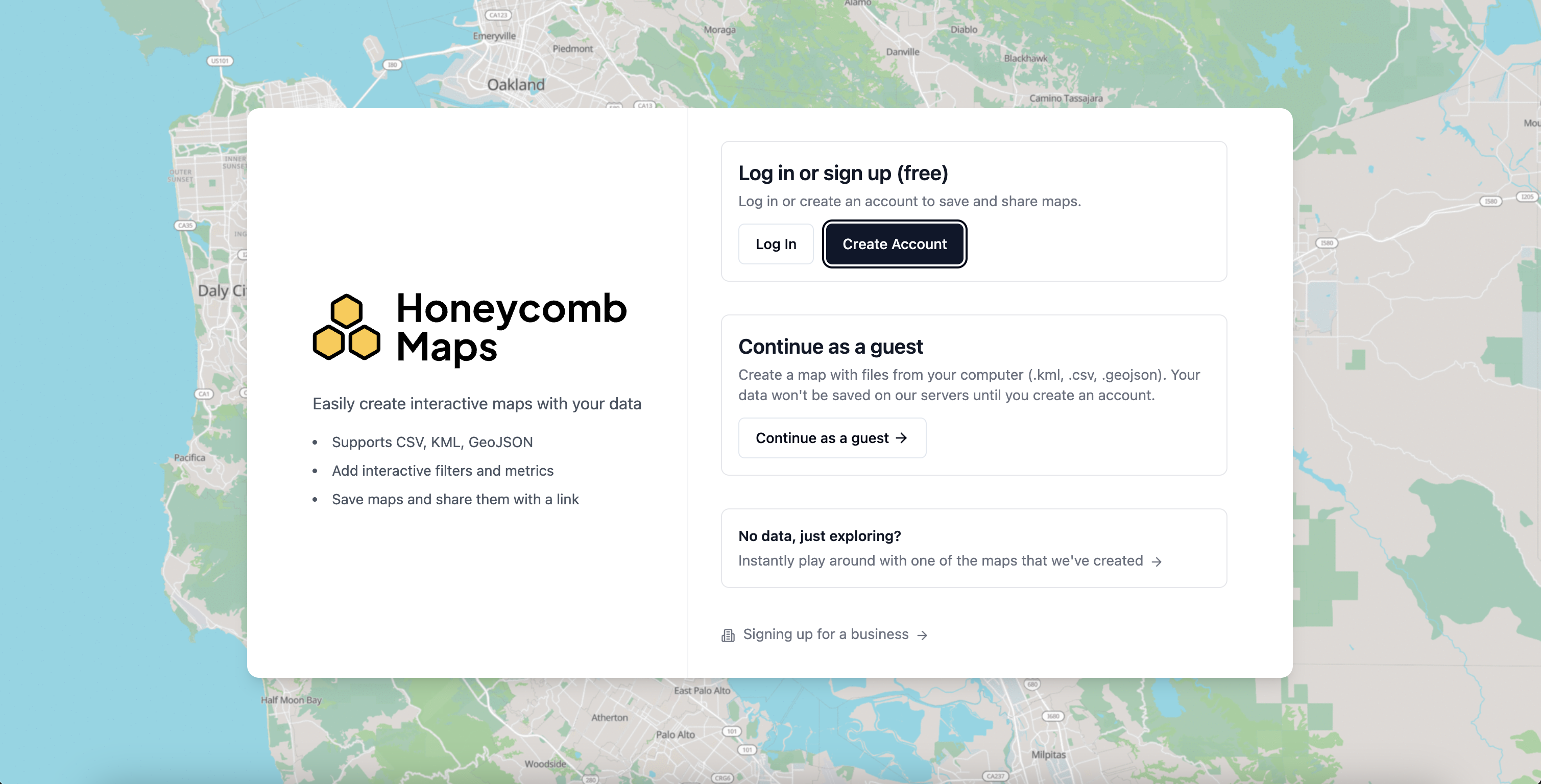 Honeycomb Maps landing page with Log In and Create Account buttons