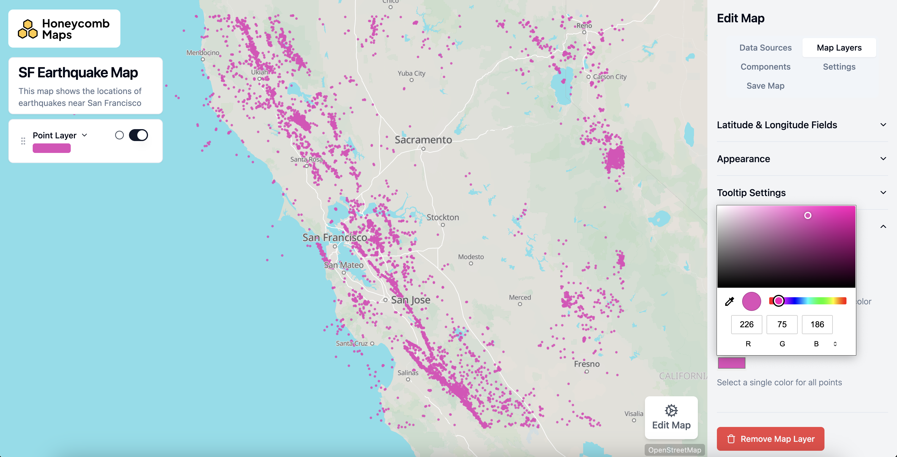 Map Layers tab with color picker open, showing point layer styled in pink