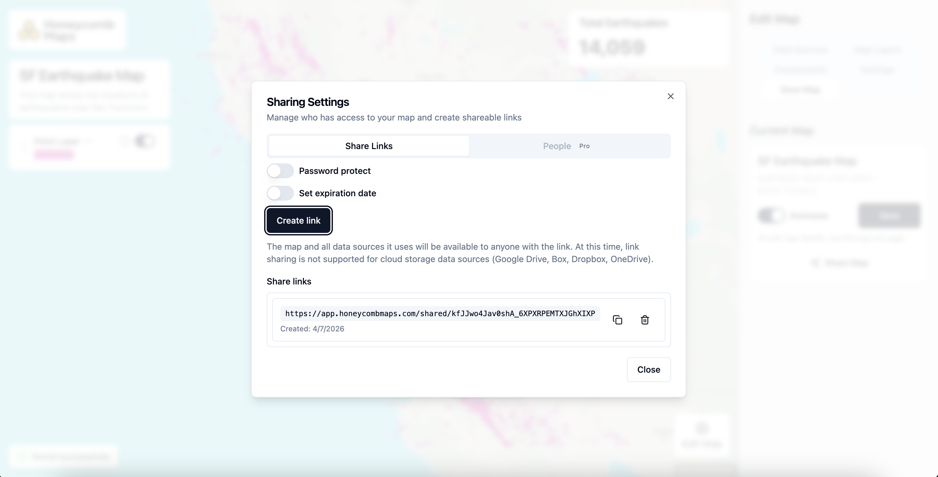 Sharing Settings dialog showing a generated share link with options for password protection and expiration